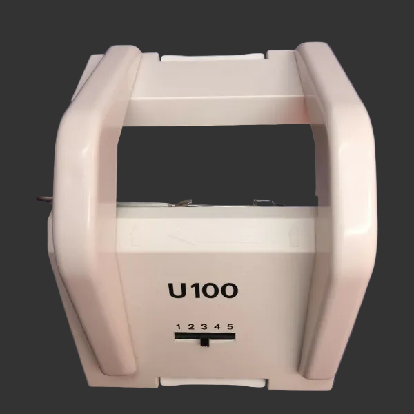 A Passap U100 knitting machine transfer carriage, predominantly white in color, against a blue background