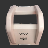 A Passap U100 knitting machine transfer carriage, predominantly white in color, against a blue background