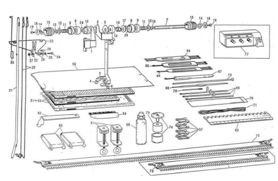 An exploded view of a knitting machine component parts
