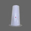 A white plastic cone-shaped wool winder hat displayed on a wooden surface.