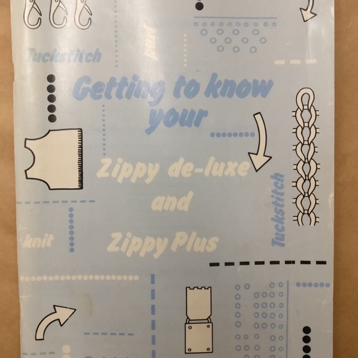 Instructional book cover for the Knitmaster Zippy De-luxe and Zippy Plus knitting machine