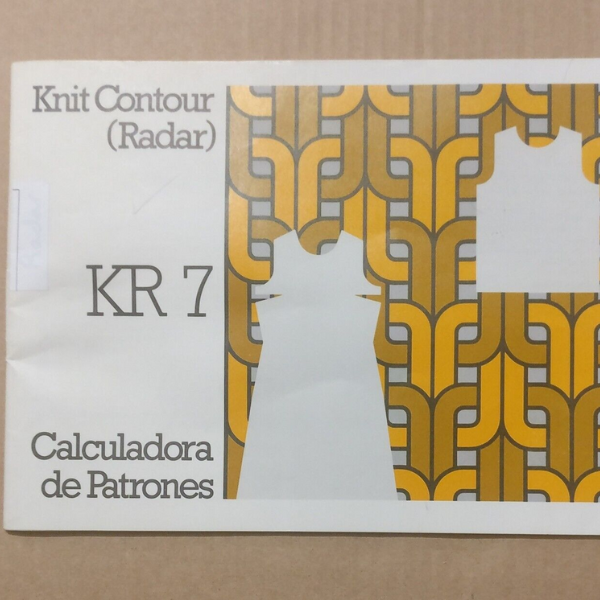 The image shows the cover of a Knit Contour (Radar) KR 7 instructions book. It features a geometric pattern in yellow and other colors, with the Knitmaster brand logo at the top. Main image
